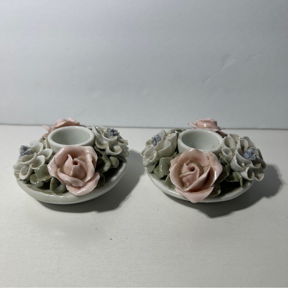 Rose Candle Holders Ceramic Pink And White  Pink Glitter Candles Vintage - Picture 2 of 7
